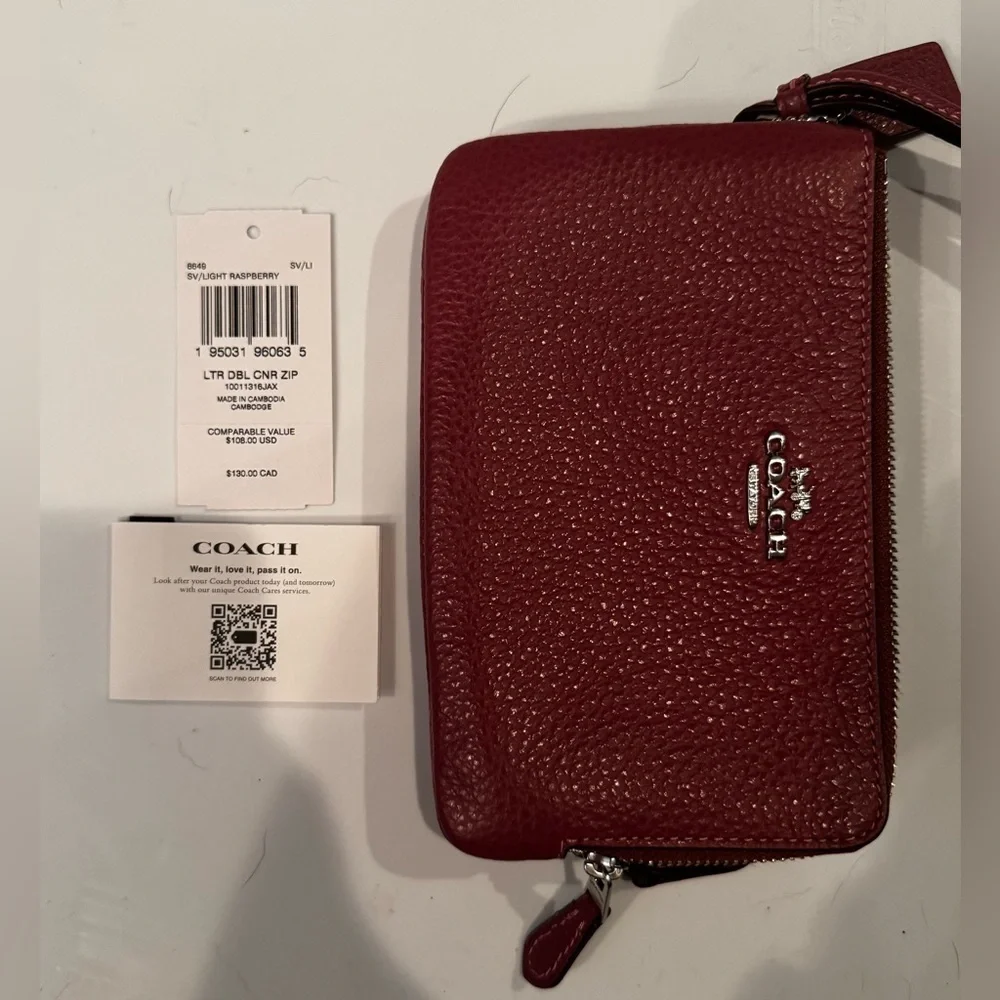 Coach Light Raspberry Pebbled Leather Wristlet with Double 3/4 Zipper with Cards